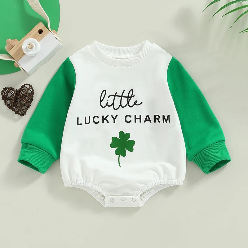 

Baby Boys Girls Spring Jumpsuit For Newborn Letters Four-leaf Clover Print Sweatshirt Romper Newborn Items Infant Clothing