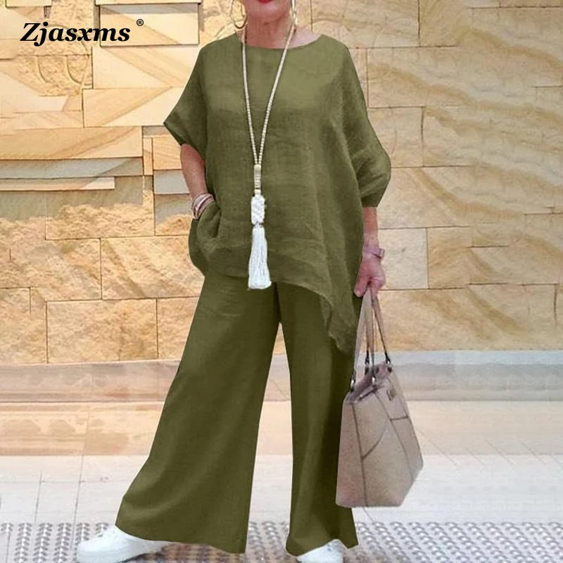 

Женский Повседневный свободный комплект из двух предметов, Однотонная футболка с длинным рукавом и Асимметричные широкие брюки из хлопка и льна