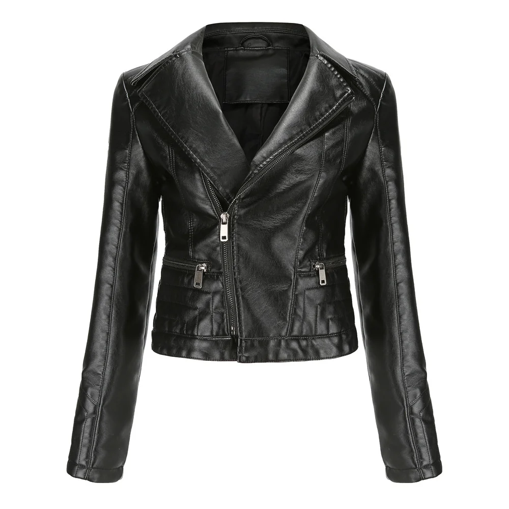 2021 new women's washed PU leather clothes women's fashion Lapel spring and autumn coat women's wear