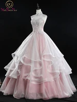 ivory pink lace appliques quinceanera dresses 2022 beaded ball gown high neck tiered tulle sleeveless sweet 15 girl party gowns