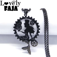 wicca magic mermaid tail steampunk steel necklace vintage black color gothic mechanical gear pendant necklaces jewelry n4614s03