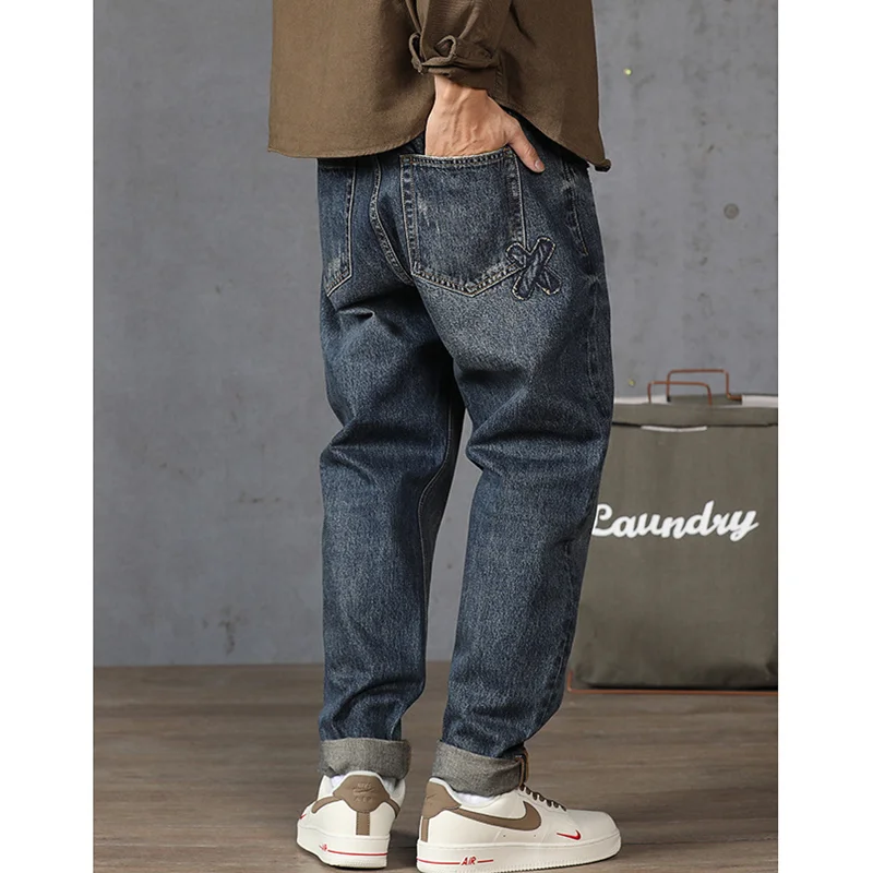 Streetwear Men 2022 New Pattern Vintage Recreational Navy Blue Jeans Loose Broad Straight Cylinder Leg Trousers Autumn Female