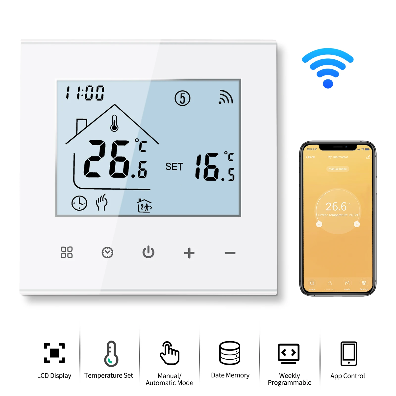 Фото Умный термостат Minco Heat Tuya с Wi-Fi, программируемый термостат для электротрического отопления/нагрева воды/газового котла №5