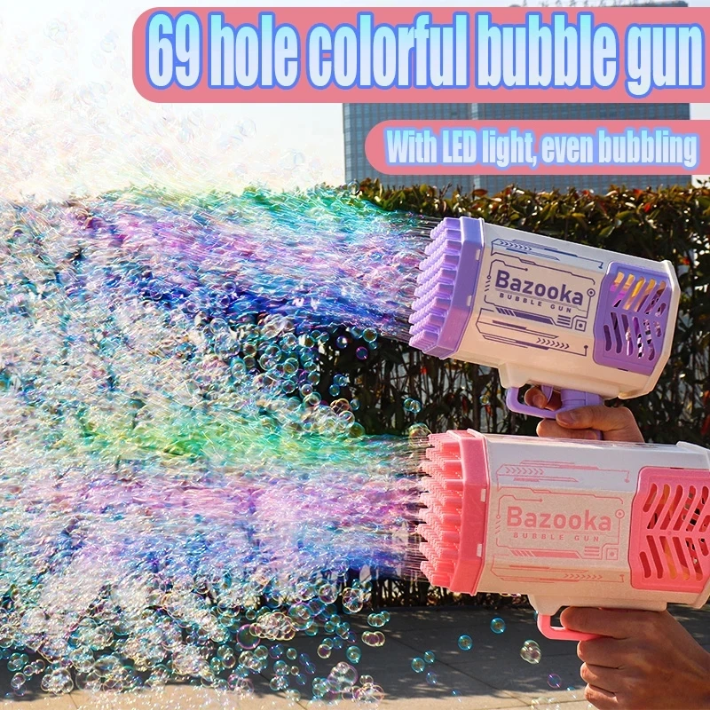 

New Bubble Gun Rocket 69 Holes Bubbles Machine Maker Light Launcher Shape Automatic Blower Soap Toys For Kids Children Gift