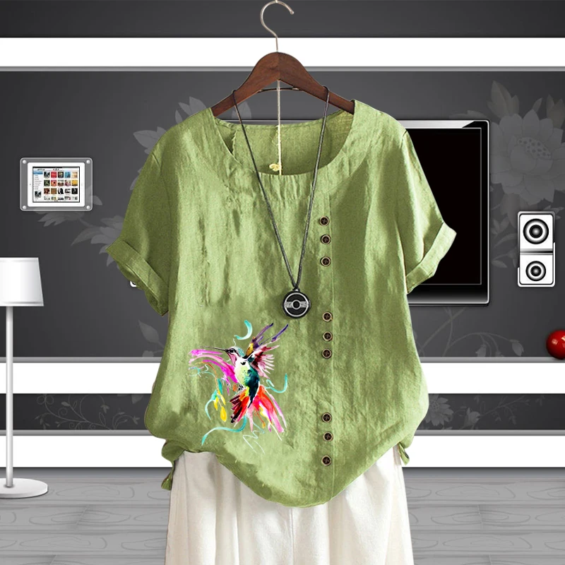 

Популярная женская футболка с коротким рукавом и принтом птиц, женская футболка с круглым вырезом, Женский Повседневный Стильный пуловер из хлопка и льна