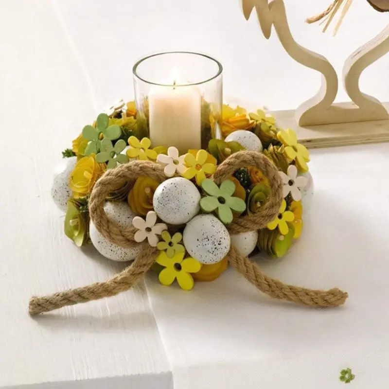 

Easter Egg Wood Chips Flower Hemp Rope Wreath Base Candle Holder with Glass Cup G99A