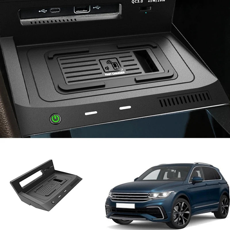 Car 15W USB Wireless Charger Phone Panel For-VW Tiguan L / Tharu 2022 Fast Wireless Charging Pad Holder
