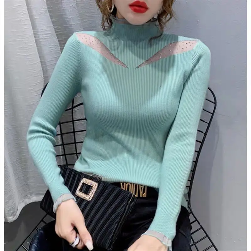 Горячий сетчатый вязаный свитер 2024 весенне-осенняя эластичная тонкая футболка с