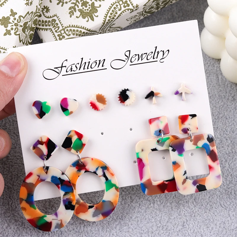 Набор из 5 пар серег с неровными узорами круглые квадратные шестерни в форме