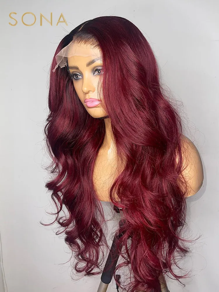 

Парик Омбре бордовый 99J с прозрачными кружевами, фронтальный из человеческих волос с темными корнями 13X6 HD, предварительно выщипанный, 13X 4