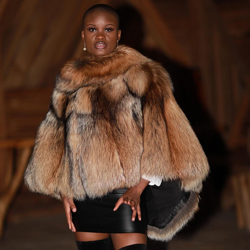 Natural Fox Fur Coat Woemn Cloak Bet Sleeve Outertwear Winter New Tide Warm Genuine Real Fox Whole Skin Fur Jacket Female