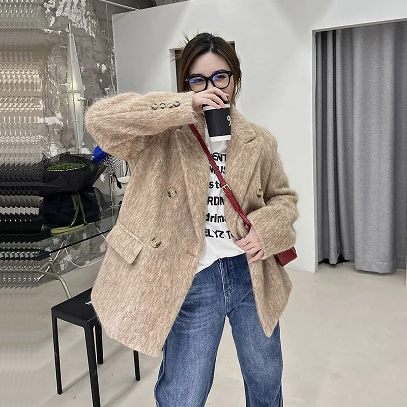 

Женское Короткое шерстяное пальто, светло-кофейное свободное повседневное теплое пальто с отложным воротником и длинным рукавом для осени и зимы