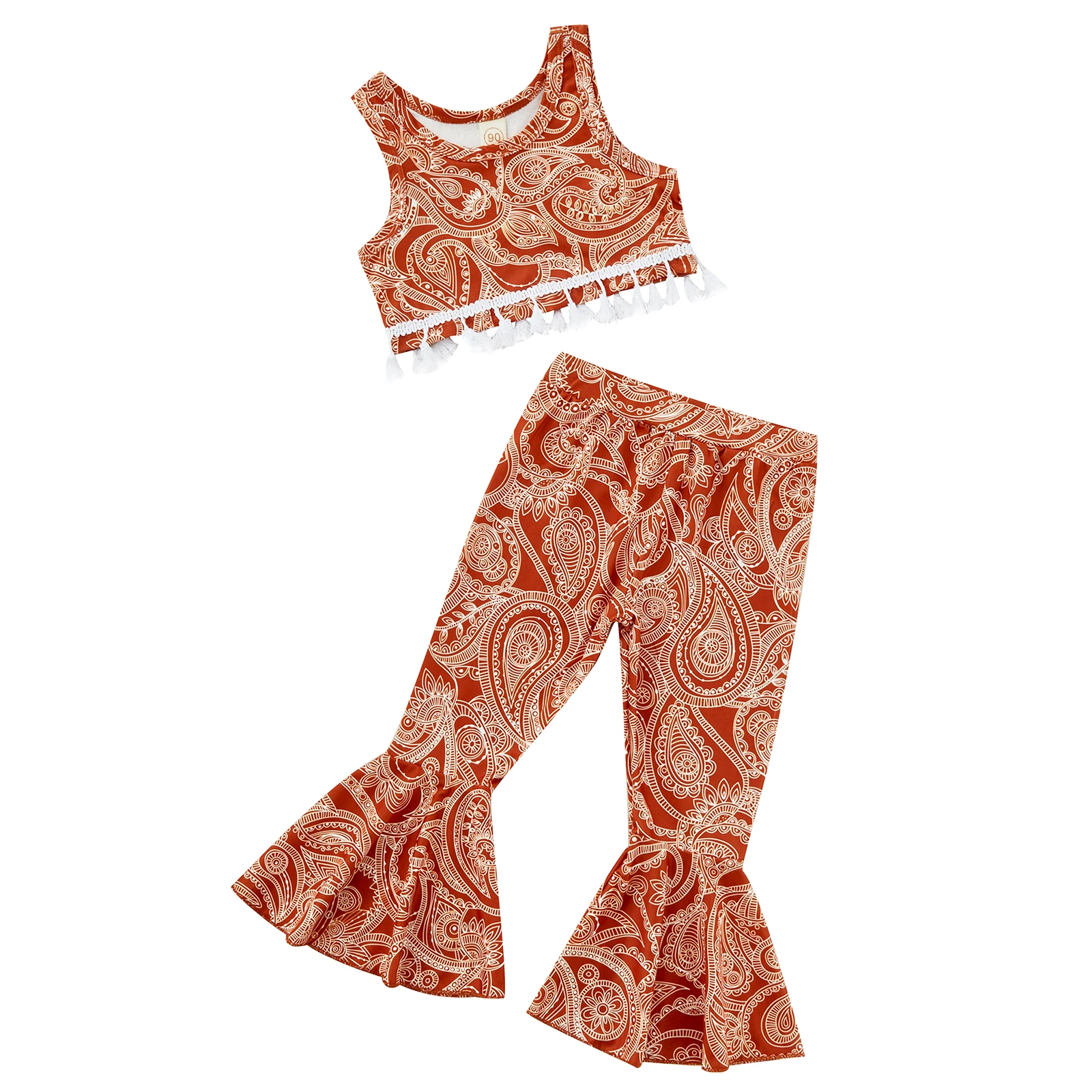 

Комплекты одежды для девочек 1-5 лет, винтажный Топ без рукавов с круглым вырезом и бахромой, укороченные топы, расклешенные брюки, костюм оде...