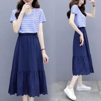 two piece suit 2022 summer womens outfits korean style dress suits v neck striped knit short sleeved t shirt skirt suit