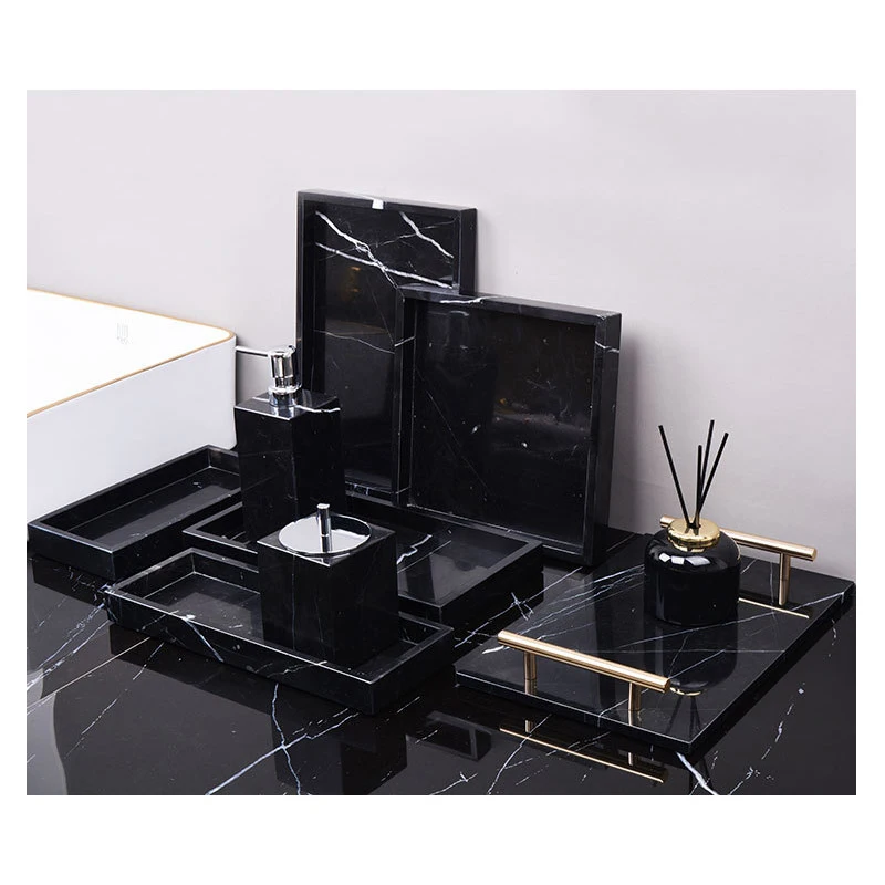 Фото Черный Nero Marquina Натуральный мрамор Набор для ванной комнаты Роскошный дозатор мыла Туалетная щетка Поднос Наборы аксессуаров для ванной комнаты №5