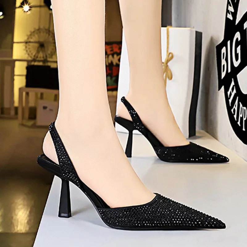 TRAF Elegant Slingback High Heel Woman Pumps Female Gold Black Blue Rhinestone Heels Sandals Stiletto Heels Office Lady Shoes