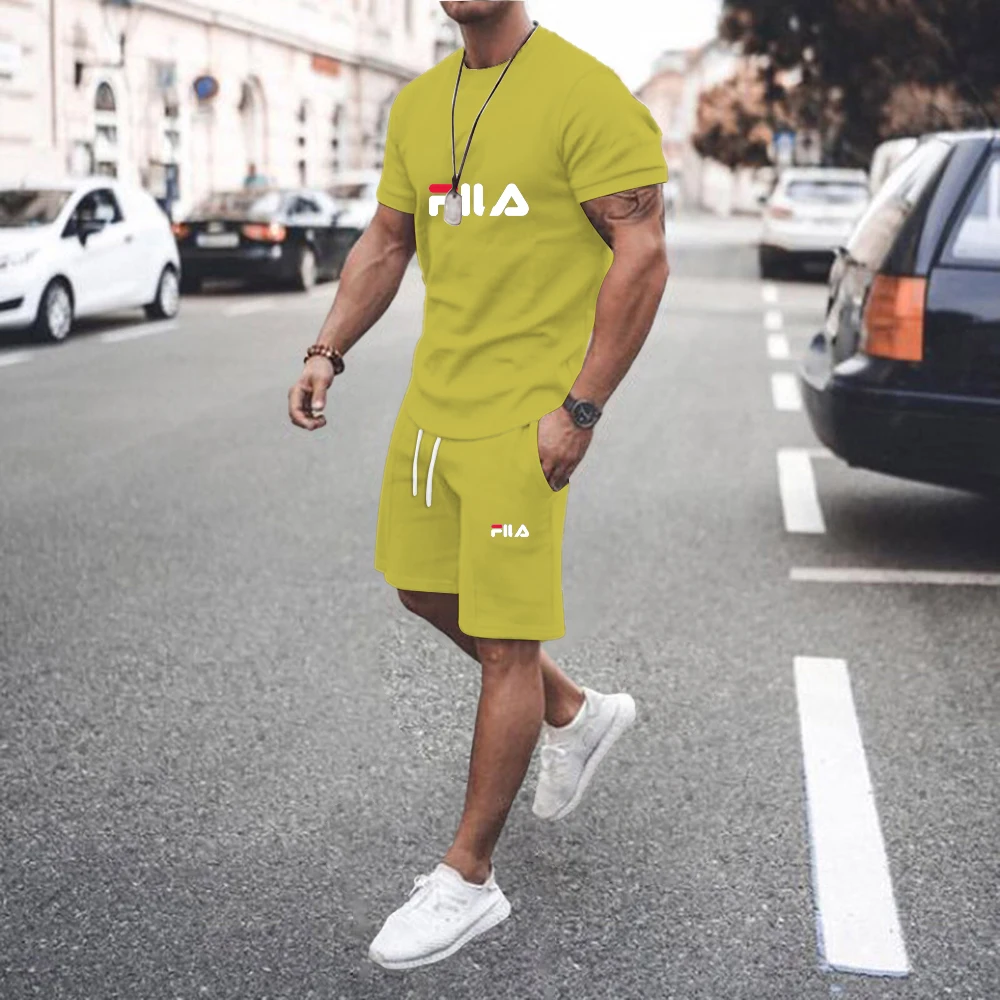 Summer high-quality men's short sleeve suit fitness fashion leisure sports suit super cool sports T-shirt + shorts 2-piece set