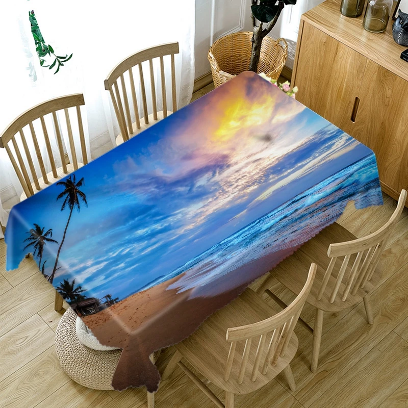 

Thicken Cotton Tablecloth 3D Sunset Seascape Pattern Island Coconut Tree Rectangular/Round Table Cloth for Wedding Picnic Party