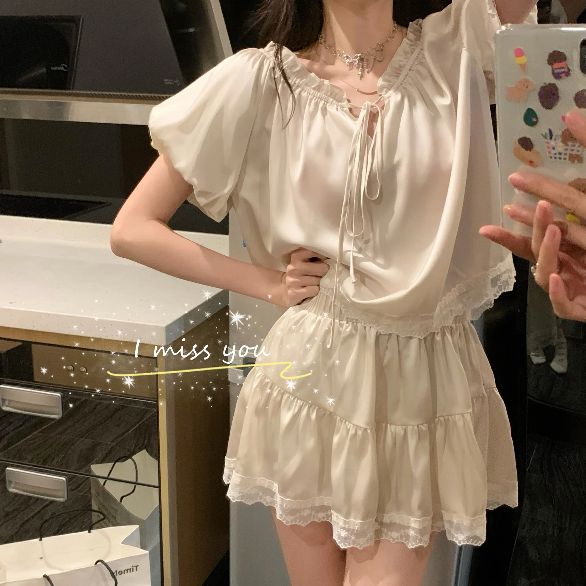 

French Retro Pajamas for Women Short Puff Sleeves Lace-up Round Neck Top Shorts Solid Loungewear Two Piece Sets Pyjamas Female
