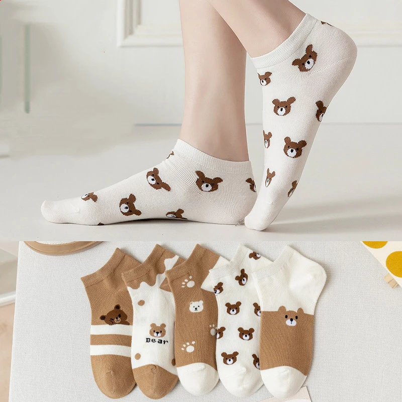 

5 Pairs/Cartoon Bear Socks Women Breathable Fruit Cotton Socks Cute Animal Girl Socks Summer Plaid Print Boat Socks Ankle Socks