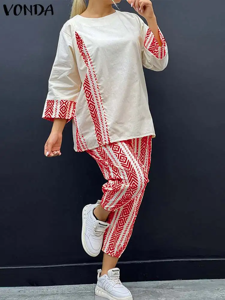 

VONDA Bohemian Women Pant Sets 2023 Fashion 2pcs Casual Loose Printed Vintage Pant Suits O-Neck 3/4 Sleeve Tops High Waist Pants