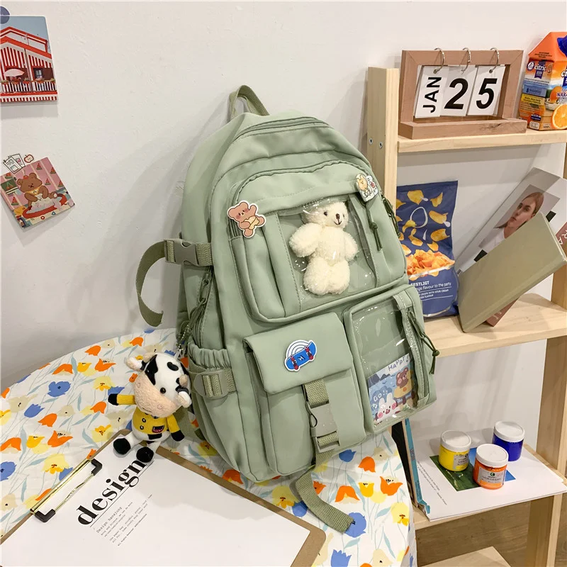 

TRAVEASY Cute Woman Backpack New Multi-Pocket Nylon High School Bags Lady Fashion Kawaii Backpack Female with Bear Plush Pendant