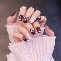 24pcs glossy false nail with diamond love shaped fake nail nail art artificial full cover wearable for women and girl
