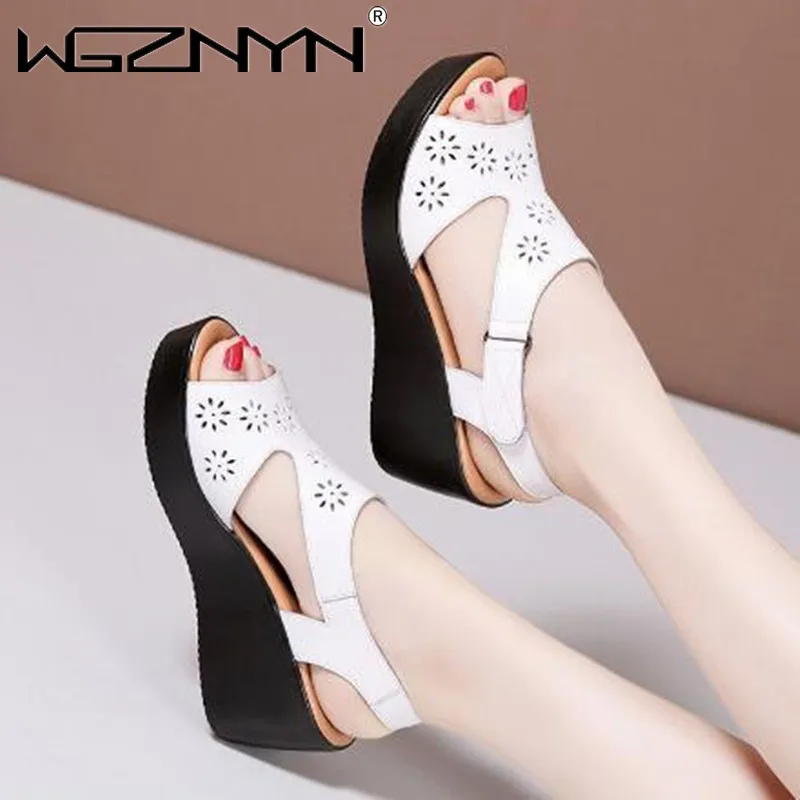 

2022 Genuine PU Leather Women Sandals Platform Ladies White Sneakers Sandals Shoes Summer Open Toe Fashion High Heel Footwear