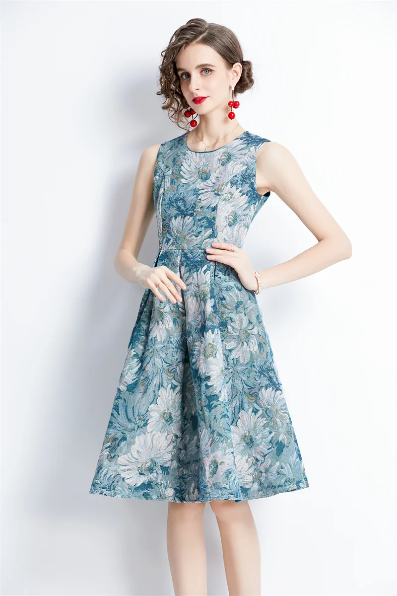 

Women Luxury Jacquard Dress Spring Blue Elegant Ruched Sleeveless Cocktail Party Robe Female Vintage Floral Dresses Vestidos