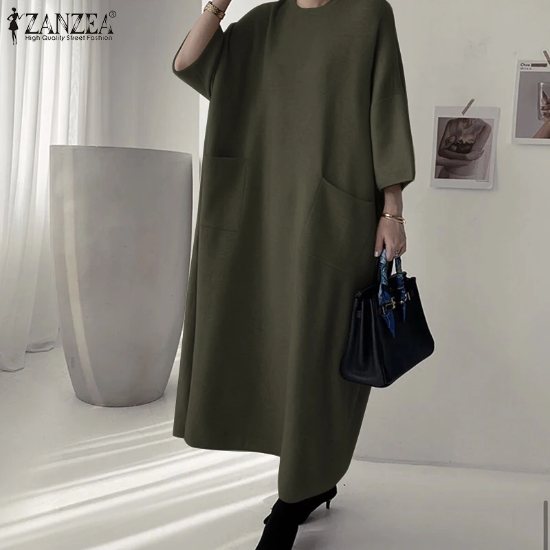 ZANZEA-vestido holgado informal de manga larga para mujer, Sudadera con capucha de color liso, Estilo Vintage, para Otoño e Invierno
