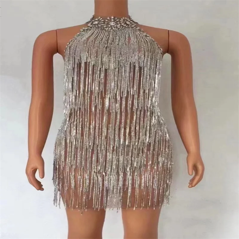 

H598 Pole-Dancer Drilling Chain Full Diamonds Shinning Model Perform Sleeveless Ballroom Sexy Backless Strapless Hollow Tassels