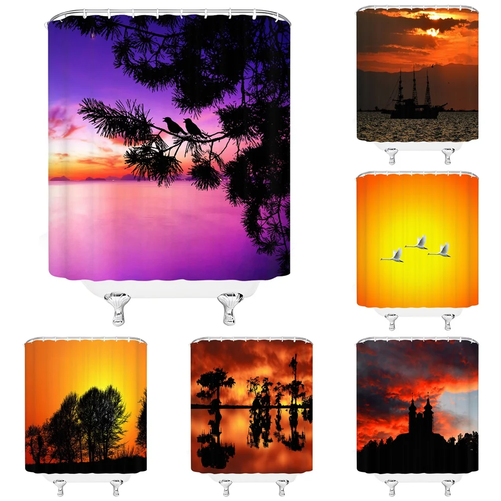 

Sea Ocean Colorful Sunset Scenery Shower Curtain Pine Needles Tree Forest Bird Boat Fabric Bathroom Curtains Home Decor Washable