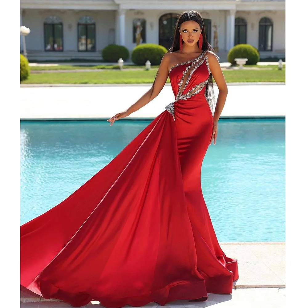 

Красное Атласное Платье-Русалка для выпускного вечера, изысканные вечерние платья до пола без рукавов, со складками, бисером, блестками и шлейфом, женское платье