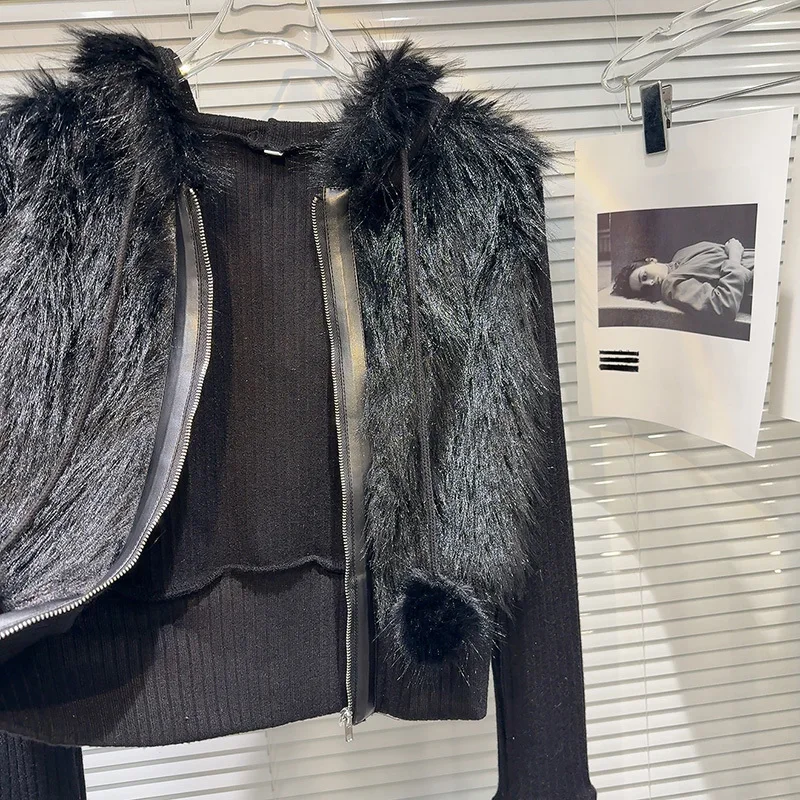 DEAT женские свитера черного цвета с капюшоном в стиле пэчворк плюшевый вязаный