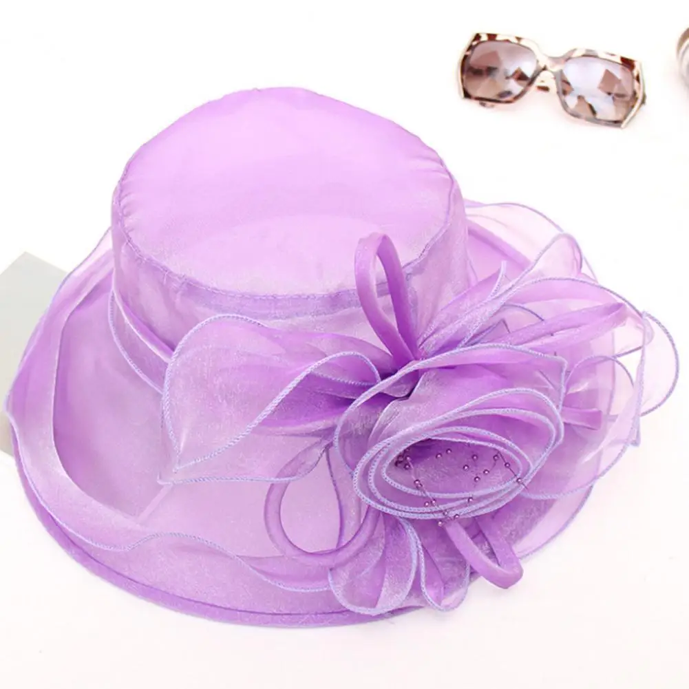 

Mesh Popular Wide Brim Flat Top Rose Beach Hat Beads Women Flat Cap High-end Holiday Supply