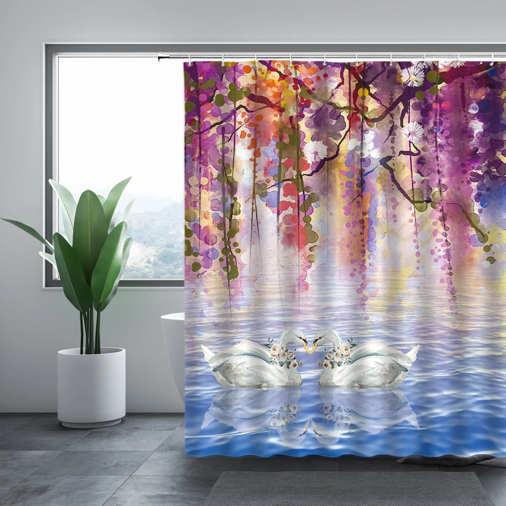 

Curtain Plant Green Leaves Retro Flower Bathroom Bath Decor Waterproof Cloth Hooks Curtains Set