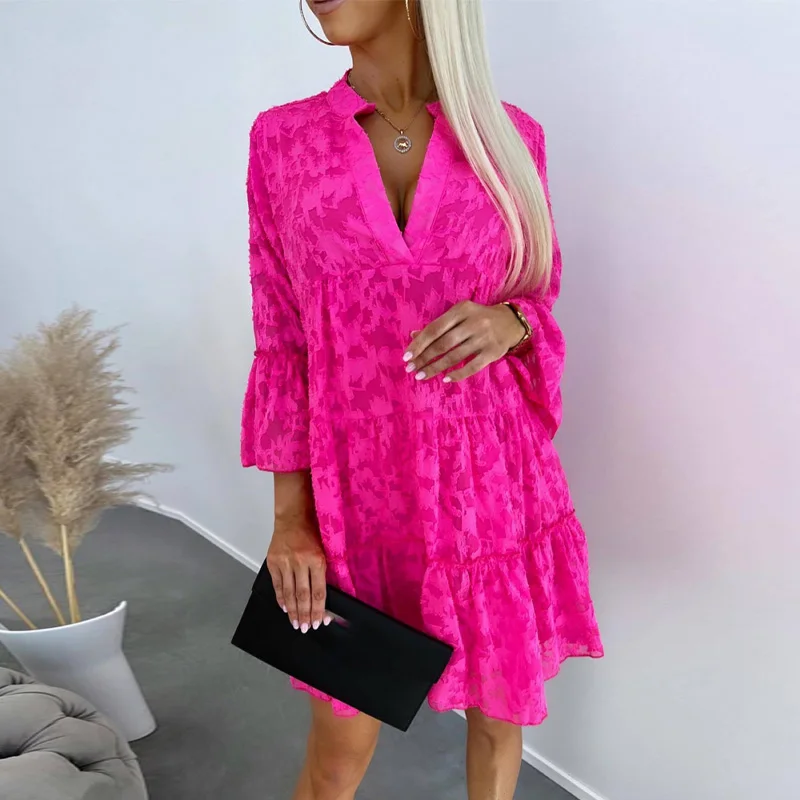 

Летние женские элегантные платья с оборками, офисное модное свободное плиссированное платье, женское платье с принтом, Расклешенным рукавом и V-образным вырезом, весна 2023