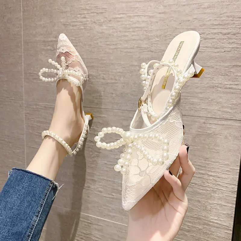 

Элегантные женские туфли-лодочки с ремешком и жемчугом 2021 летние сексуальные черные сетчатые босоножки на высоком каблуке женские классич...