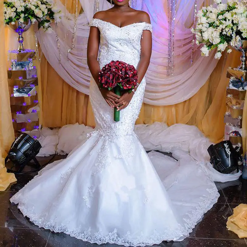 

Wedding dress Mermaid 2023 African Cryatsl Lace Wedding Gown Off the Shoulder Plus Size vestido de noiva Simple Dress