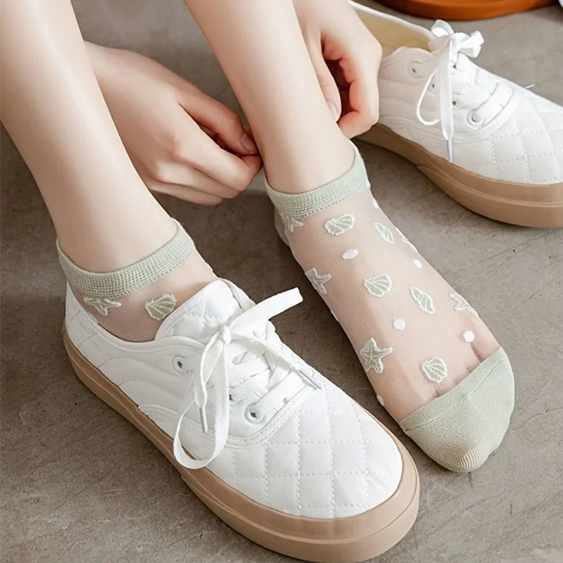 5 Pairs/Lot Women Boat Socks Summer Thin Fashion Breathable Kawaii Sock Crystal Glass Silk Comfortable Soft Girl Ankle Sox Meia