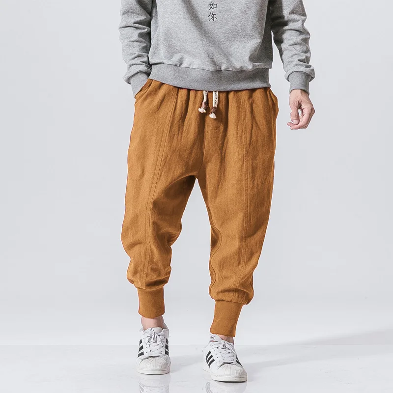 MrGB 2022 Chinese Style Men Cotton Linen Harem Pants Streetwear Man Casual Joggers Harajuku Elastic Waist Male Oversized Trouser