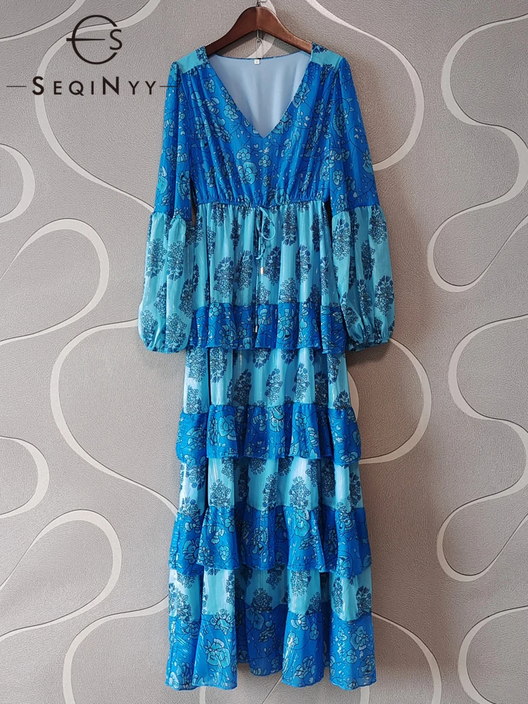 

SEQINYY Holiday Midi Dress Summer Spring New Fashion Design Women Runway High Street Vintage Flowers Print Cascading Ruffles