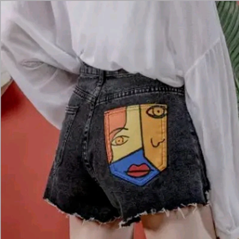 Street Clothing Cartoon Portrait Pocket Print Asymmetric High Waist Shorts Jeans 2021 Fashion Summer Korean Denim Shorts Ladies
