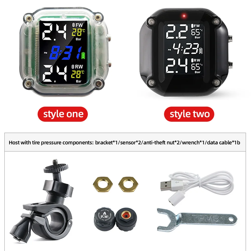 

Motorcycle TPMS Motos Tire Pressure Monitoring System Motor Tyre Temperature Alarm USB Charging with 2 External Sensors