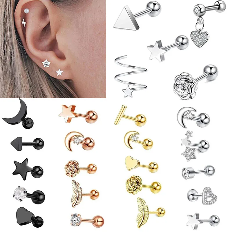 

5PCS Star Tragus Stud Earring Set Heart Small Stud Set Lobe Piercing Cartilage Stud Helix Jewelry Cz Barbell Piercing Earrings