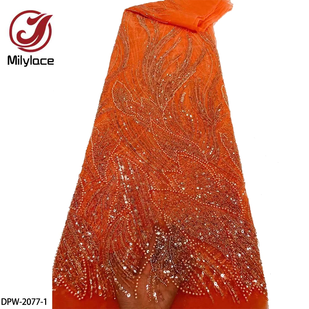 

Luxury Hand Beaded Lace Fabrics African Sequins Embroidery Lace with Pearls French Tulle Lace Fabric 5yards for Party DPW-2077