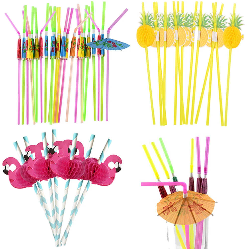 

50Pcs Mix color Tropical Umbrella Flamingo Pineapple Cocktail Straws Disposable Juice Drinking Straw Hawaii Beach Party Decor