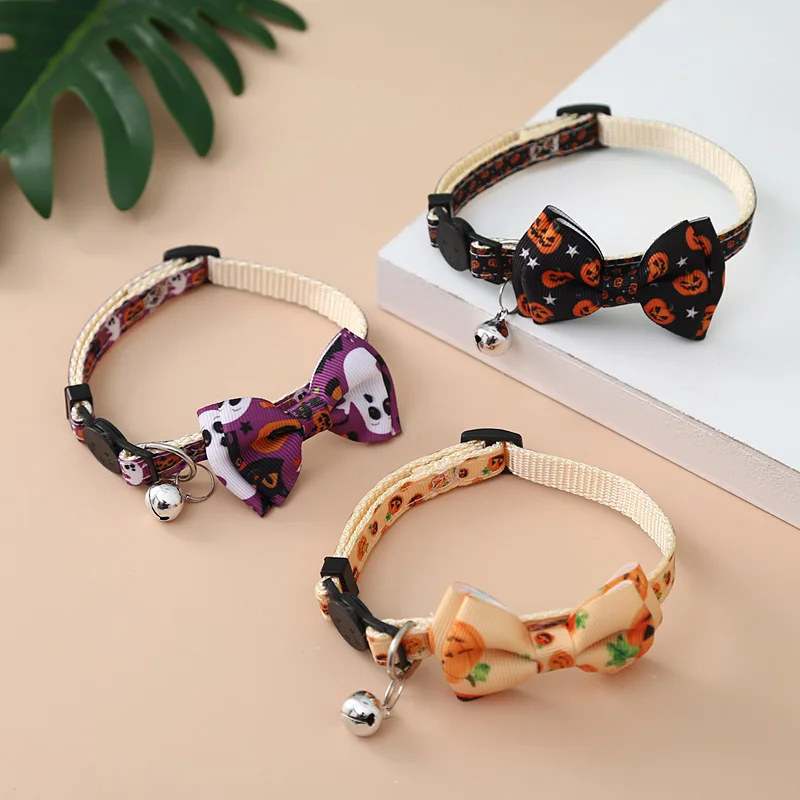 

Halloween Dog Cat Collar with Bell Bowknot Kitten Puppy Necklace Adjustable Safety Buckle Strap Chihuahua Bow Tie Pet Supplies
