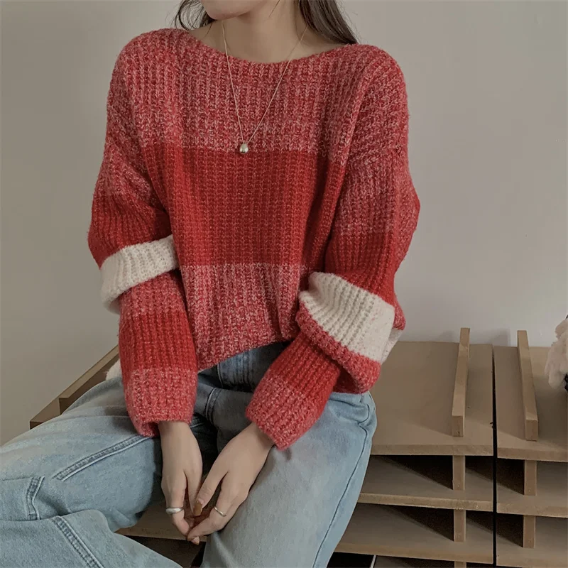 FINEWORDS Vintage Easymatch Winter Striped Knitted Sweater Women Loose Streetwear Pullover Korean Long Sleeve Casual Jumper