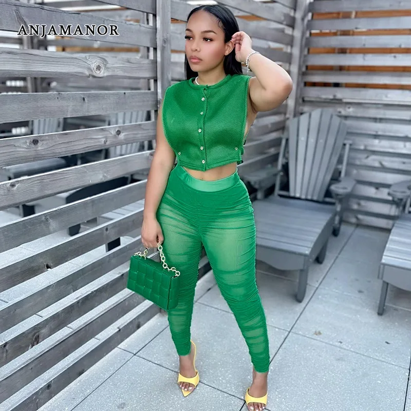 

ANJAMANOR Sexy Two Piece Set Women Crop Top and Ruched Mesh Leggings Club Outfits Fall 2022 Fashion Pant Suits for Women D85EZ28